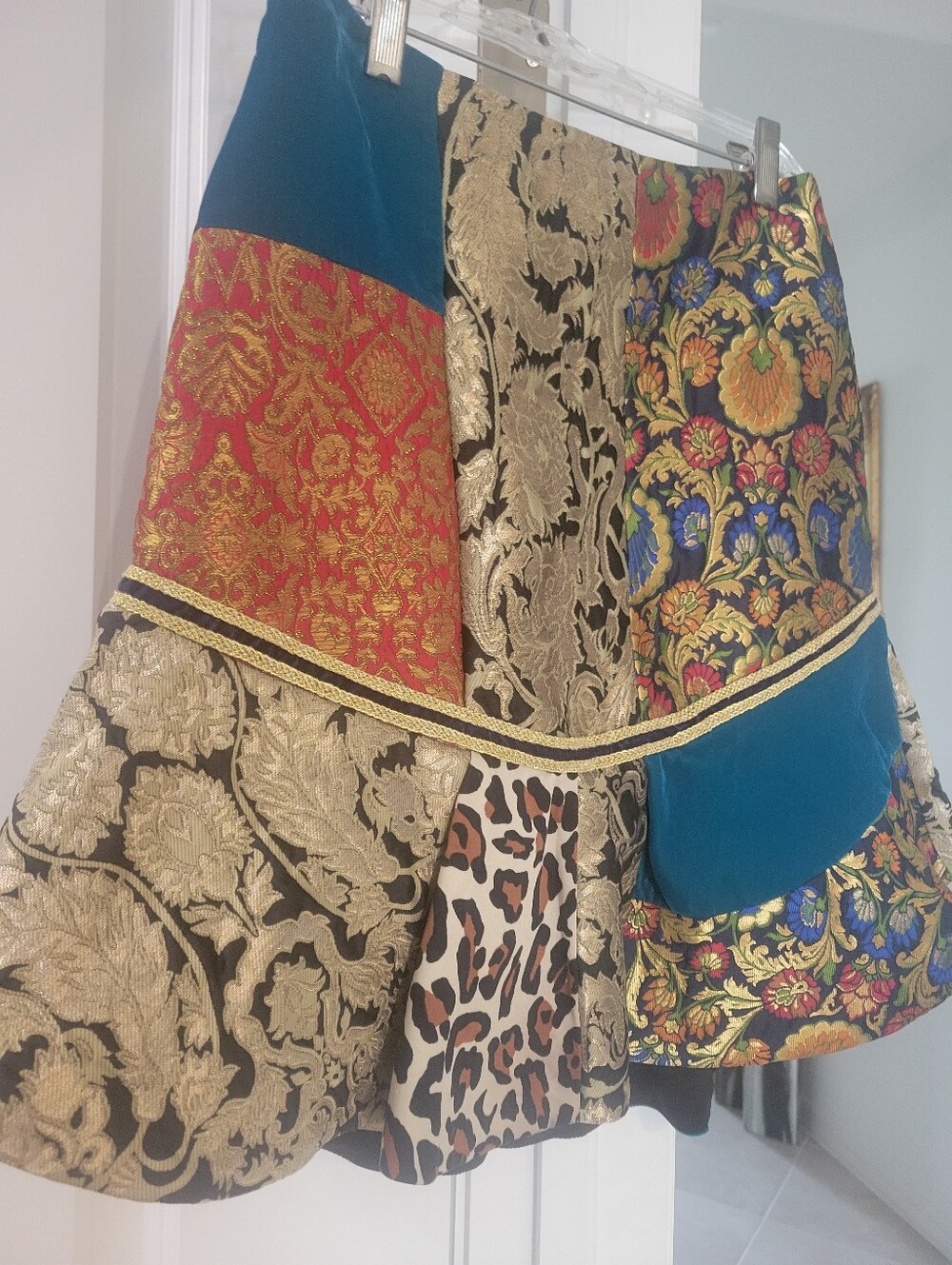 Alice + Olivia Patchwork Brocade and Velvet Skirt in Gold, Blue, Red